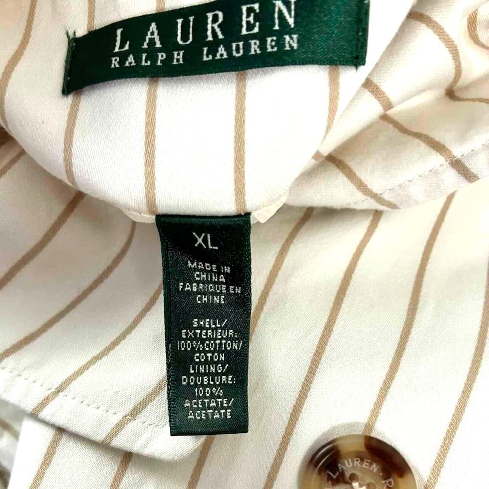 Vtg 90s Women's Ralph Lauren Cream & Tan Pinstripe Cotton Trench Coat - Size XL - Picture 5 of 10